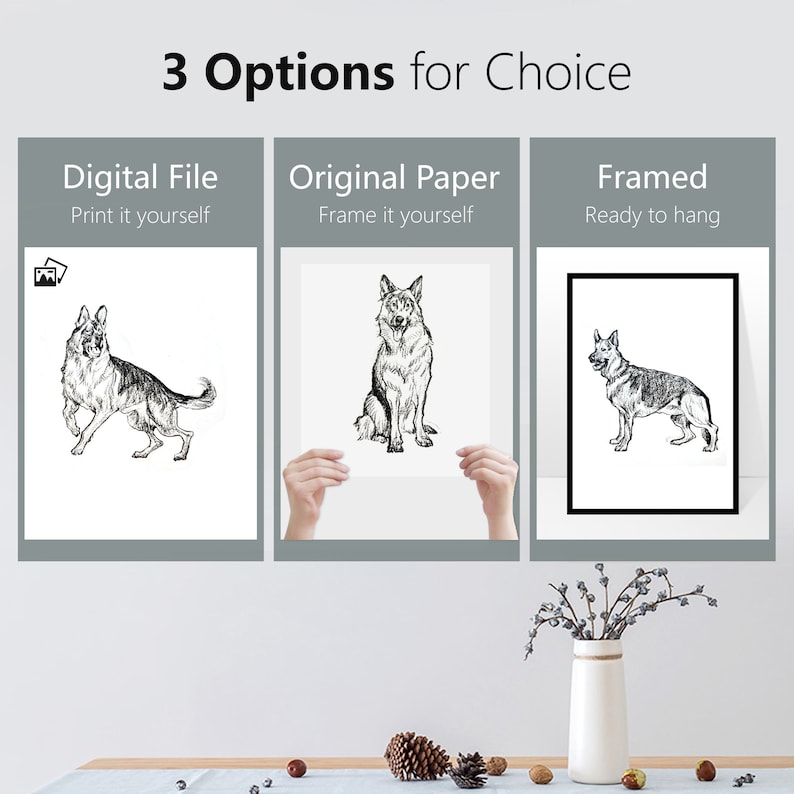 May include: Three options for purchasing a black and white line drawing of a German Shepherd dog. The first option is a digital file, the second is an original paper print, and the third is a framed print.