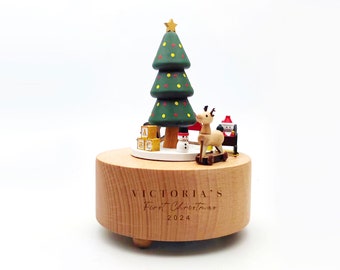 Personalized Wooden Music Box,  Engraved Christmas Musical Carousel | Custom Christmas Holiday Gift, Custom Heirloom,  Baby Shower Gift