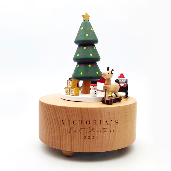 Personalized Wooden Music Box,  Engraved Christmas Musical Carousel | Custom Christmas Holiday Gift, Custom Heirloom,  Baby Shower Gift