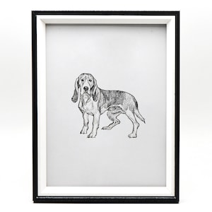 May include: Black and white drawing of a dog in a black frame with a white mat.