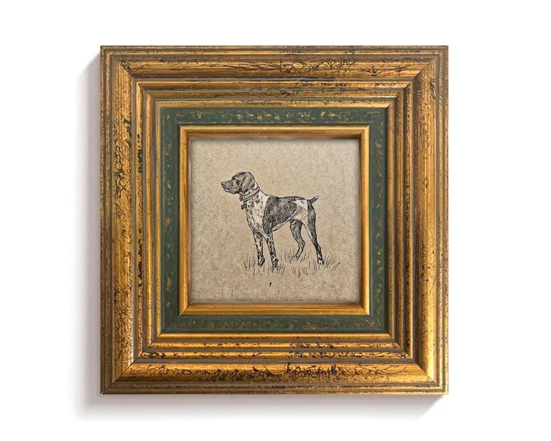 May include: A framed print featuring a black and white illustration of a dog. The frame has a gold finish with green accents. The dog is standing on grass.