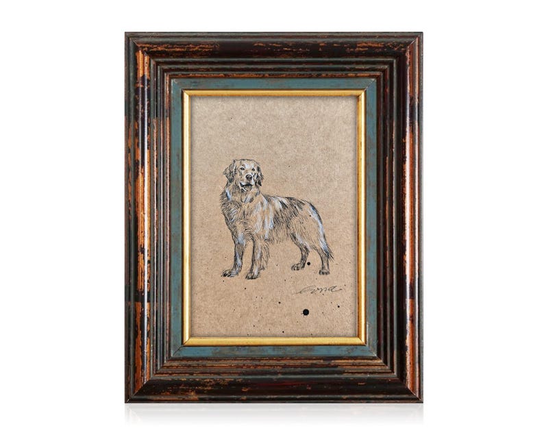 May include: A framed black and white drawing of a dog on a brown paper background. The frame is dark brown with a teal and gold inner border.