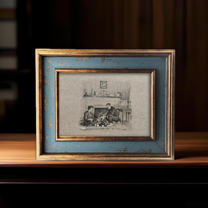May include: A framed black and white print depicting a family scene by a fireplace. The frame has a distressed blue outer edge and a gold inner edge. The print shows a family gathered around a fireplace, with a television set in the background.