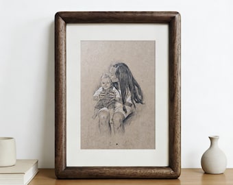 Personalized Hand Drawn Charcoal Sketch Portrait, Custom Family Portrait from Picture, Mother Gift, Anniversary Wall Art