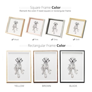 May include: A selection of picture frames in various colors, including wood, pink, grey, gold, yellow, brown, and black. The frames are all square or rectangular and feature a black and white illustration of a Dalmatian dog.