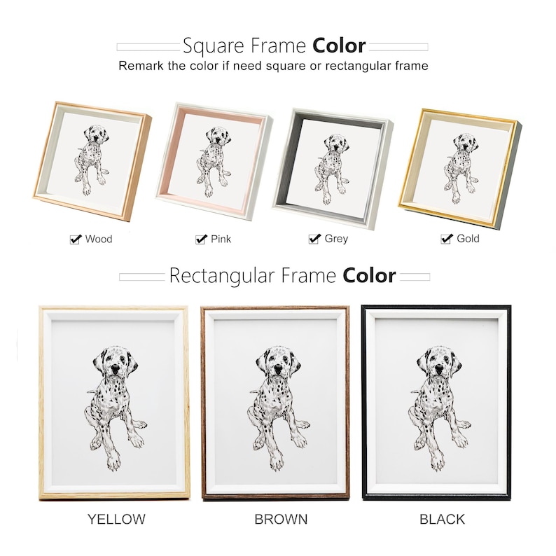 May include: A selection of picture frames in various colors, including wood, pink, grey, gold, yellow, brown, and black. The frames are all square or rectangular and feature a black and white illustration of a Dalmatian dog.