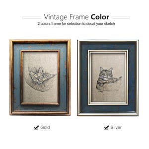 May include: Two framed cat sketches. One frame is gold with a blue border, the other is silver with a blue border. The text at the top reads "Vintage Frame Color". The text below reads "2 colors frame for selection to decal your sketch".