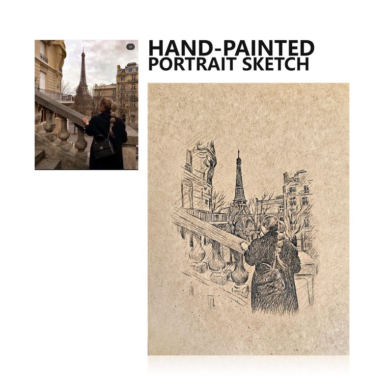 May include: Hand-painted portrait sketch of a person in Paris, with the Eiffel Tower in the background. The sketch is in black and white, with the text "HAND-PAINTED PORTRAIT SKETCH" at the top.