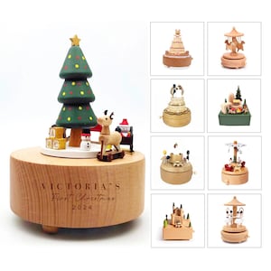 Caja de música de madera personalizada, carrusel musical navideño grabado / Regalo navideño personalizado, reliquia familiar personalizada, regalo para baby shower