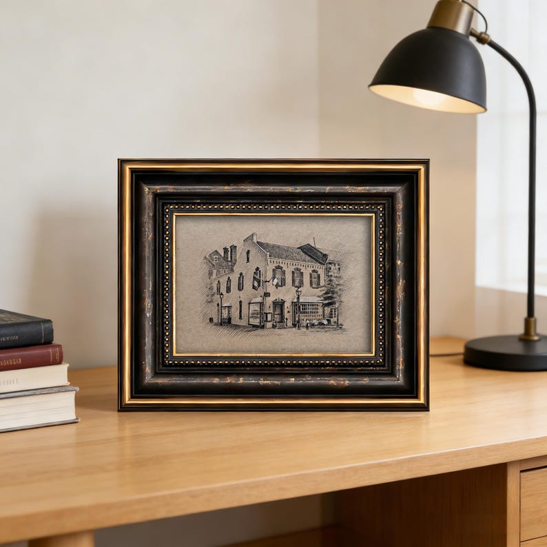 May include: A framed black and gold picture of a building sketch. The frame has a detailed, ornate design. The picture is on a wooden desk with a black desk lamp.