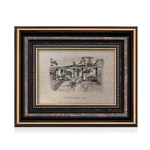 May include: A framed black and gold artwork featuring a detailed sketch of a house. The frame has a decorative border with a gold inner edge. The artwork includes the text "2765 John St. Salem, Oregon."