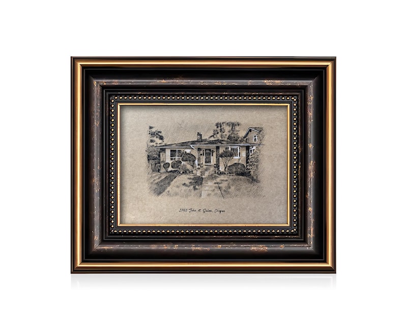 May include: A framed black and gold artwork featuring a detailed sketch of a house. The frame has a decorative border with a gold inner edge. The artwork includes the text "2765 John St. Salem, Oregon."