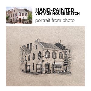 May include: Hand-painted vintage house sketch, portrait from photo. The artwork depicts a detailed black and white drawing of a building with multiple windows, doors, and architectural details. The image includes the text "HAND-PAINTED VINTAGE HOUSE SKETCH portrait from photo."