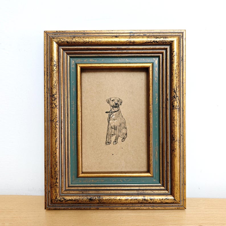 May include: A framed dog portrait. The frame has a gold and teal finish with a distressed look. The dog illustration is in black and white, set against a tan background. The frame is rectangular and has a double border.