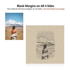 May include: An image with the text "Blank Margins on All 4 Sides" and "Your artwork will have margins on all sides, not full-bleed coverage". The image shows a person looking at a mountain range. The image is in color and in black and white.