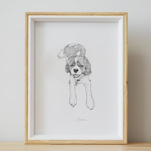 May include: A black and white pencil drawing of a dog named Charlie in a white frame.
