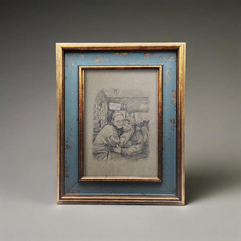 May include: A rectangular picture frame with a distressed blue and gold finish. The frame holds a pencil sketch of two people embracing. The frame is approximately 8 inches tall and 6 inches wide.