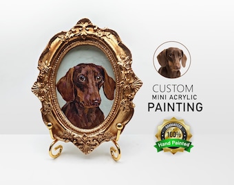 Mini Custom Acrylic Pet Portrait: Hand-Painted with Gold Vintage Frame