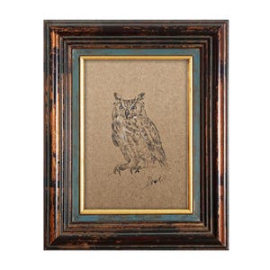 Minimalist Owl Wall Art - Vintage Owl Painting, Country Farmhouse Decor, Handmade Charcoal Sketch & Illustration - Original Owl Drawing