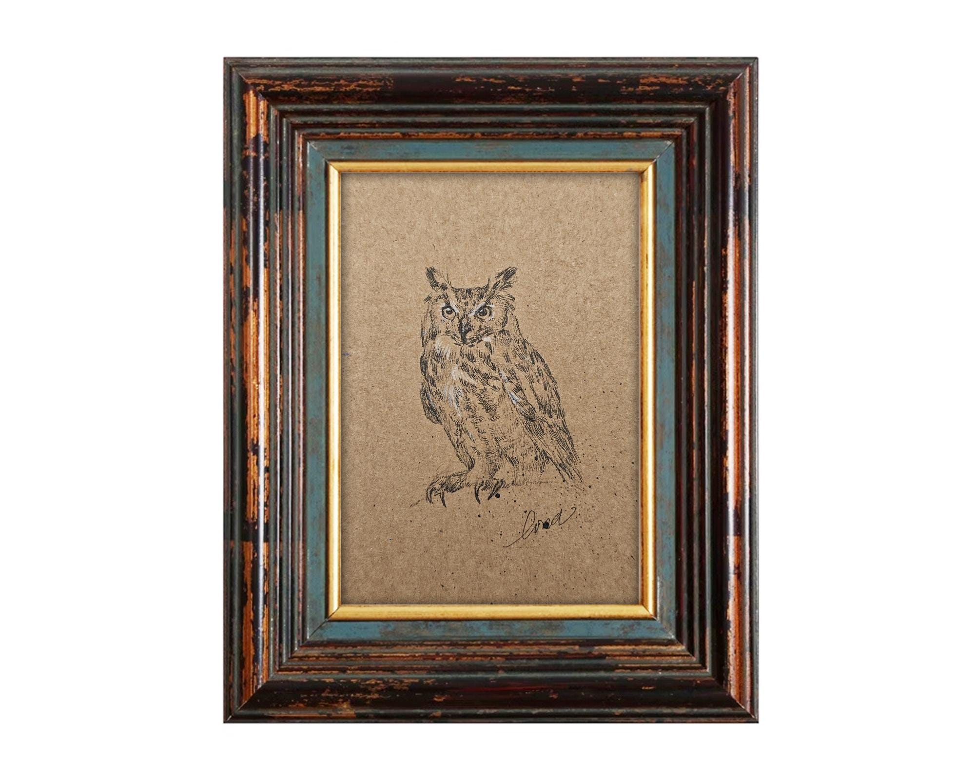 Handmade Owl Sketch: Vintage Charcoal Drawing, Farmhouse Wall Art