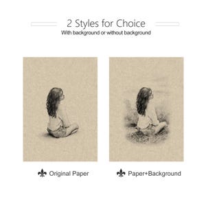 May include: Two pencil sketches of a person sitting with their legs crossed, facing away. The left sketch is on plain paper, the right has a background. Text above reads "2 Styles for Choice". Below each sketch is text: "Original Paper" and "Paper+Background".