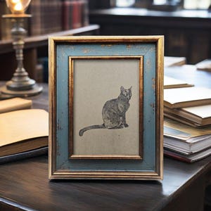 May include: A rectangular picture frame with a distressed blue and gold finish. The frame holds a black and white illustration of a cat. The frame is displayed on a dark wooden surface, with books in the background.