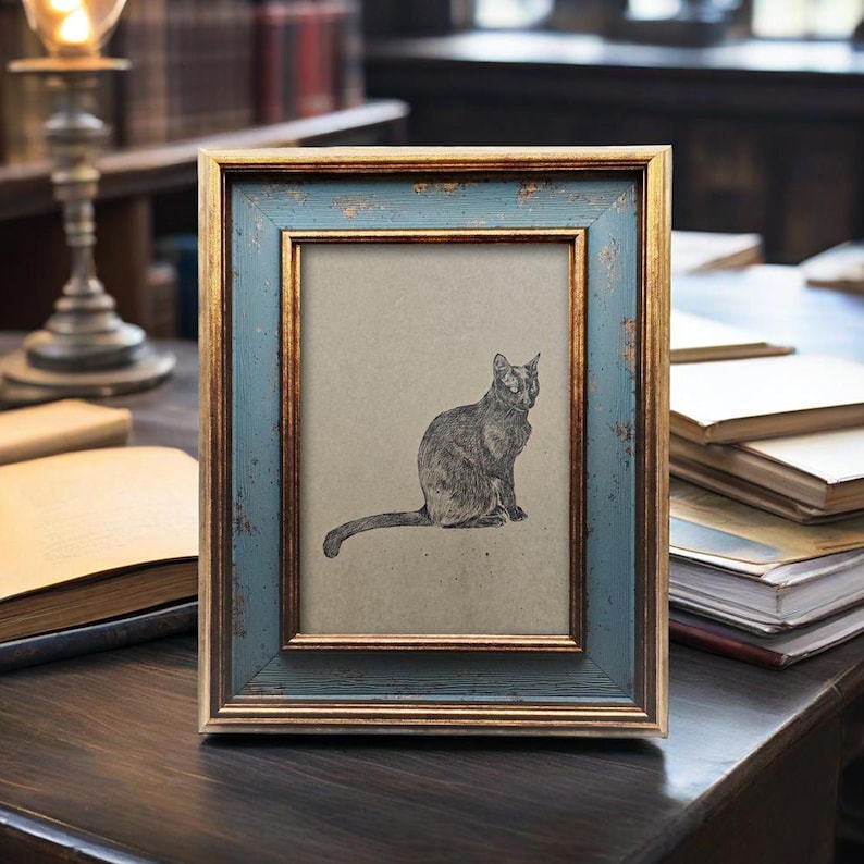 May include: A rectangular picture frame with a distressed blue and gold finish. The frame holds a black and white illustration of a cat. The frame is displayed on a dark wooden surface, with books in the background.