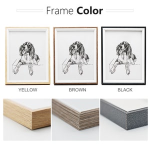 May include: Three picture frames with different colored frames: yellow, brown, and black. Each frame has a white mat and a black and white drawing of a dog inside. The frames are shown with a close-up of the frame edge.