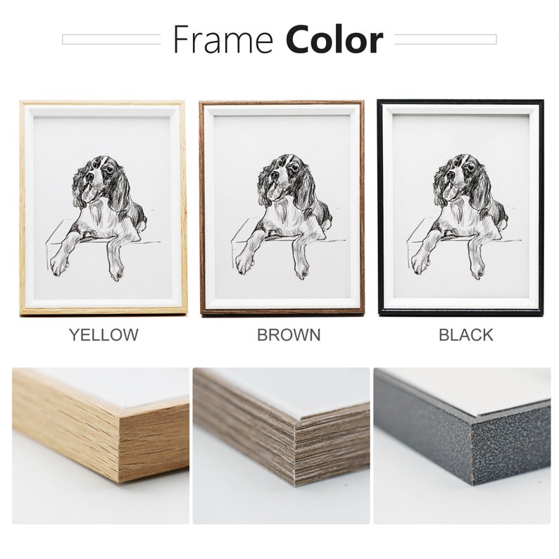 May include: Three picture frames with different colored frames: yellow, brown, and black. Each frame has a white mat and a black and white drawing of a dog inside. The frames are shown with a close-up of the frame edge.