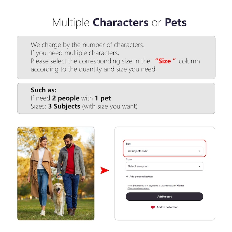 May include: Image showing instructions for ordering a custom portrait with multiple subjects. The text explains how to select the correct size based on the number of characters. An example shows 2 people and 1 pet, with a size of 3 subjects. A couple walks a golden retriever.
