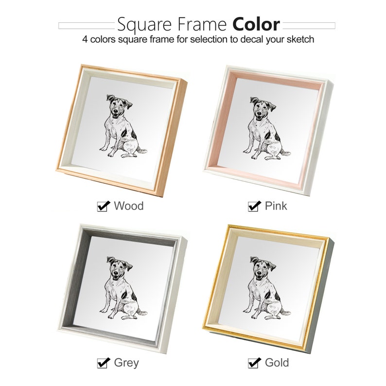 May include: Four square picture frames with a black and white illustration of a dog inside. The frames are in wood, pink, grey, and gold.