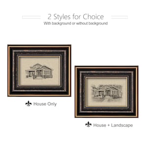 May include: Two framed house art prints. One print features a house only, the other a house with a landscape. Both prints have a black and gold ornate frame. The text reads "2 Styles for Choice" and "With background or without background."