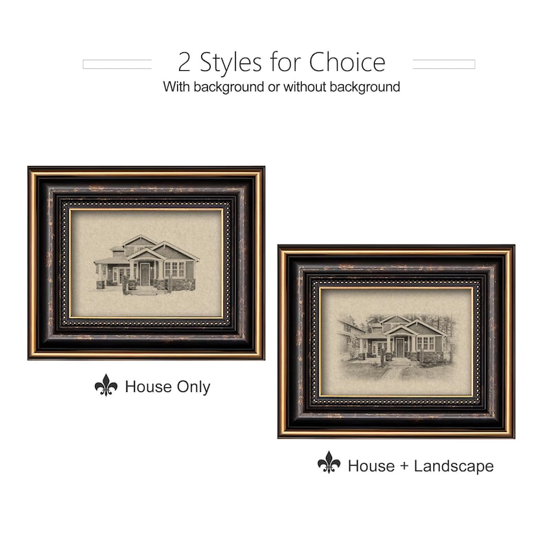 May include: Two framed house art prints. One print features a house only, the other a house with a landscape. Both prints have a black and gold ornate frame. The text reads "2 Styles for Choice" and "With background or without background."