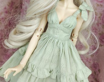 Sage Green Romantic Ruffle BJD Dress | Bow Strap Cotton 1/4 Scale Handmade