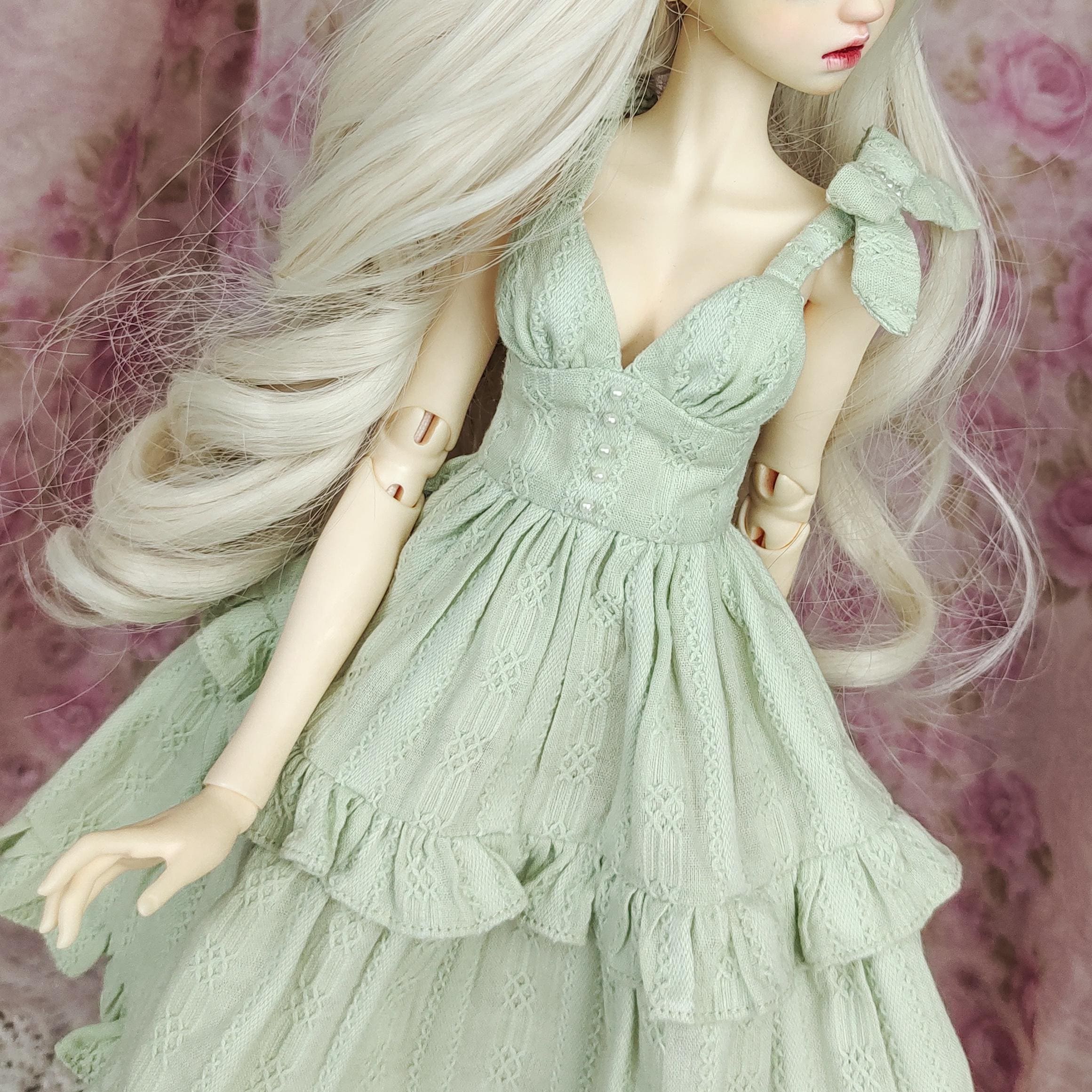 Sage Green Romantic Ruffle BJD Dress | Bow Strap Cotton 1/4 Scale