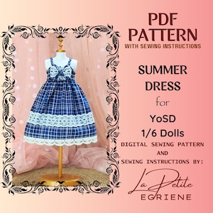 May include: A digital sewing pattern for a blue and white plaid summer dress with white lace trim for 1/6 scale dolls. The pattern includes sewing instructions by La Petite Egrieine.