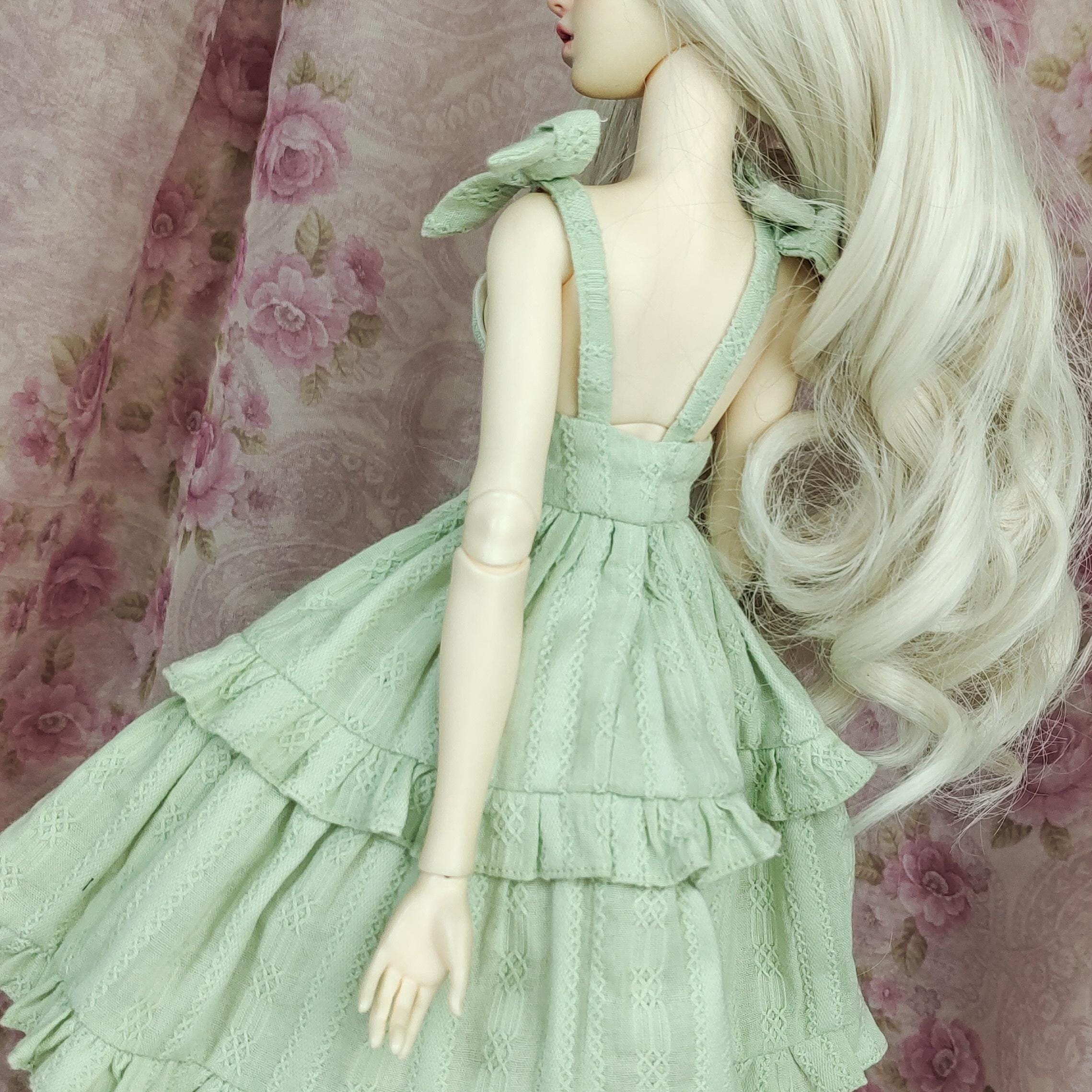 ハンドメイド セージグリーン コットンドレス、1/4 MSD BJD ドール用服