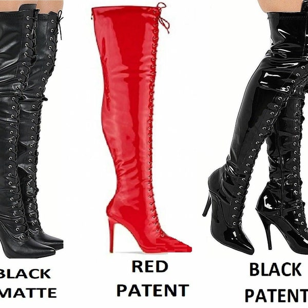 Ladies Thigh High Over The Knee Fetish Boots Front Lace Stiletto Heel Sizes UK 3-12