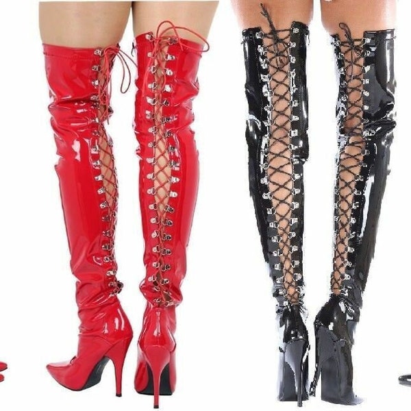 Womens Ladies Mens Thigh High Over Knee Lace Up Boots Stiletto Heel Size UK 3-12