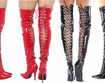 Womens Ladies Mens Thigh High Over Knee Lace Up Boots Stiletto Heel Size UK 3-12