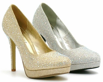 Womens Ladies High Heel Sparkly Diamante Party Bridal Wedding Court Shoe Size UK3-8