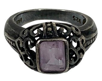 Vintage FAS 925 Sterling Silver Amethyst Open Scroll February Anniversary Ring