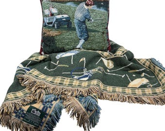 Golf-Themed Woven Throw Blanket + Decorative Pillow Set By Goodwin Weavers