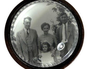 Vintage Glass Dome Paperweight w/ Family 2 Men 1 Women + Girl Photo Leather Base