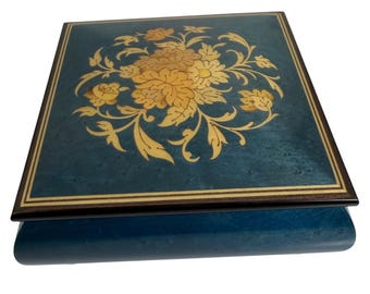 Vintage Reuge Musical Jewelry Box with Floral Wood Marquetry Inlay