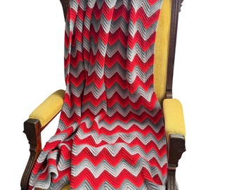 Handmade Chevron Zigzag  Crochet Blanket Throw Red Gray Pattern For Home Decor