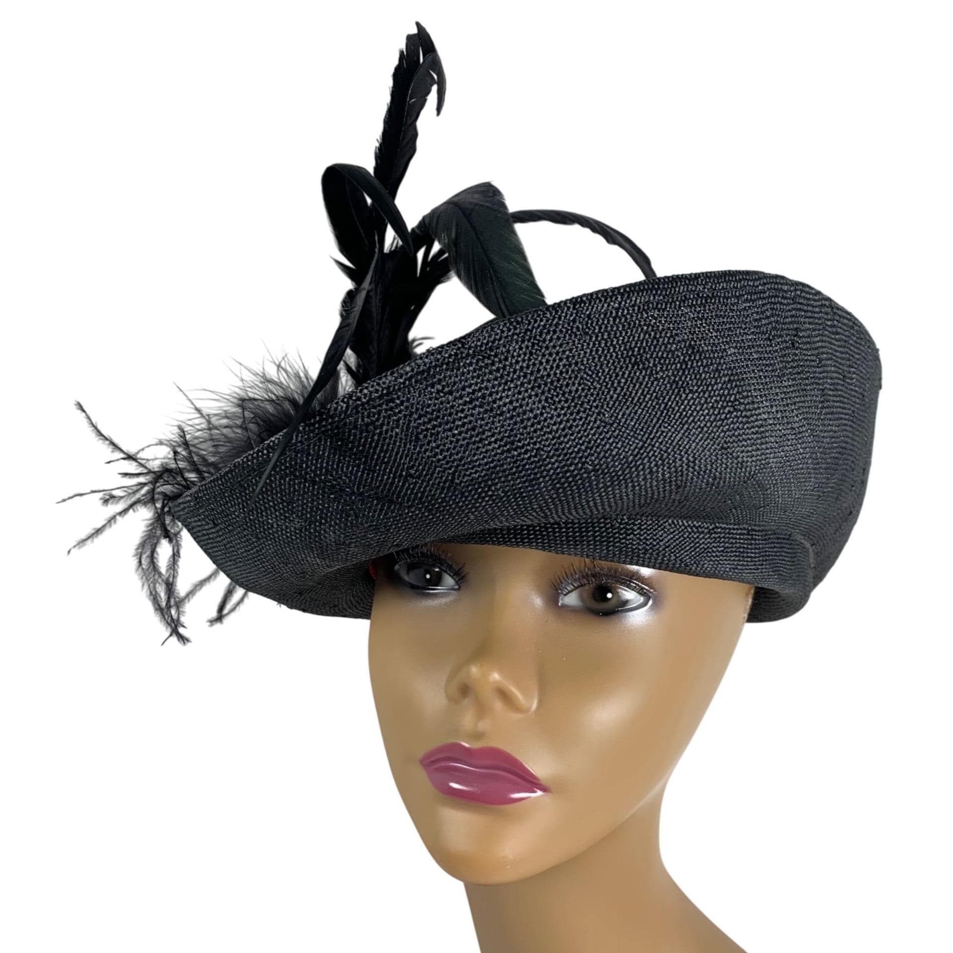 VTG Mr Charles Black Straw Hat W/ Elegant Feather Accent  display picture 1