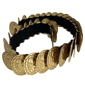 Vintage 70s Gold Tone Metal Floral Disc Coin Stretch Belt: Disco Mod Style SZ Sm
