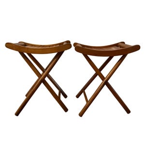 Set of TWO Small Vintage Fold + Carry Stool Folding Slat Wood Stool Chairs