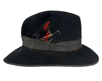 Vintage DOBBS Fifth Ave Wool Fedora Hat, Feather Accent (Size 7 1/8)